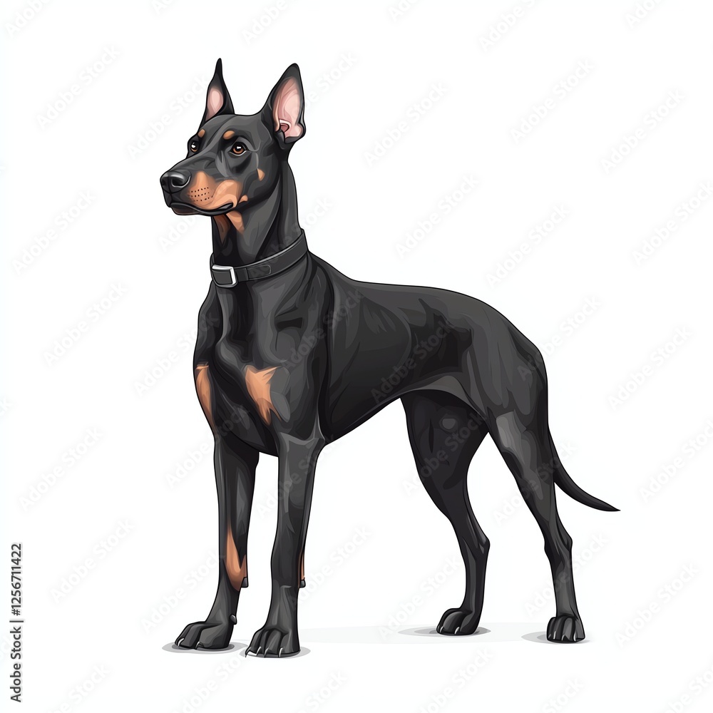A majestic Doberman standing tall, showcasing its sleek black and brown coat with an alert posture. Perfect for dog lovers and pet enthusiasts. A majestic Doberman standing tall, showcasing its sleek black and brown coat with an alert posture. Perfect for dog lovers and pet enthusiasts.