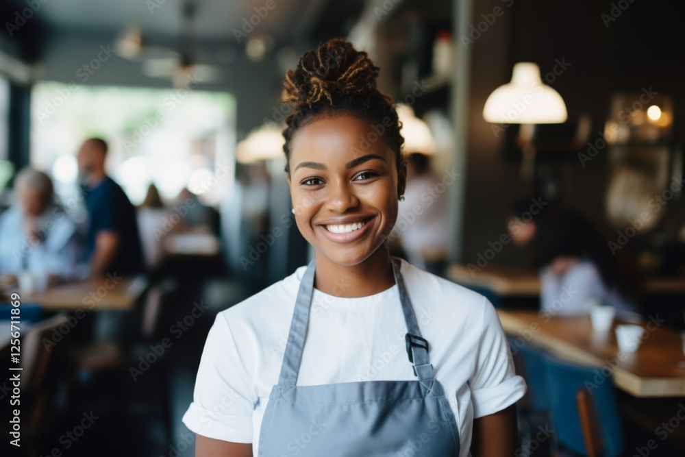 Fototapeta premium Smiling portrait of a young female African American waitress in cafe
