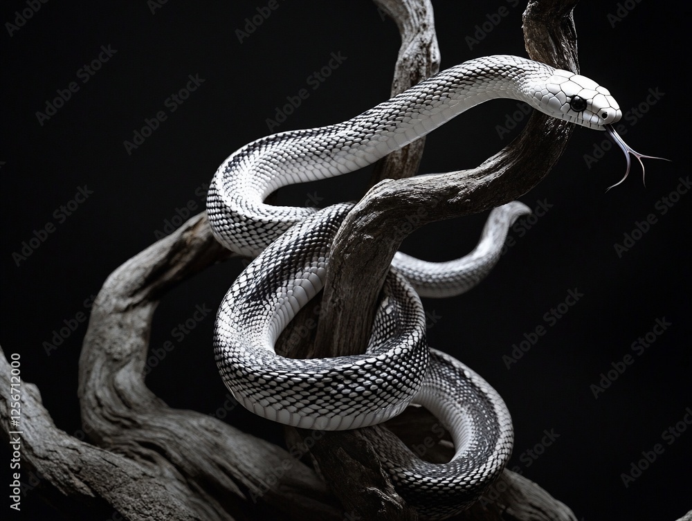 Fototapeta premium Striking black and white snake coiled on a weathered branch against a dark background.