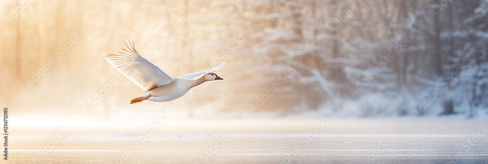 White goose in flight over snowy landscape at sunrise. White goose in flight over snowy landscape at sunrise.