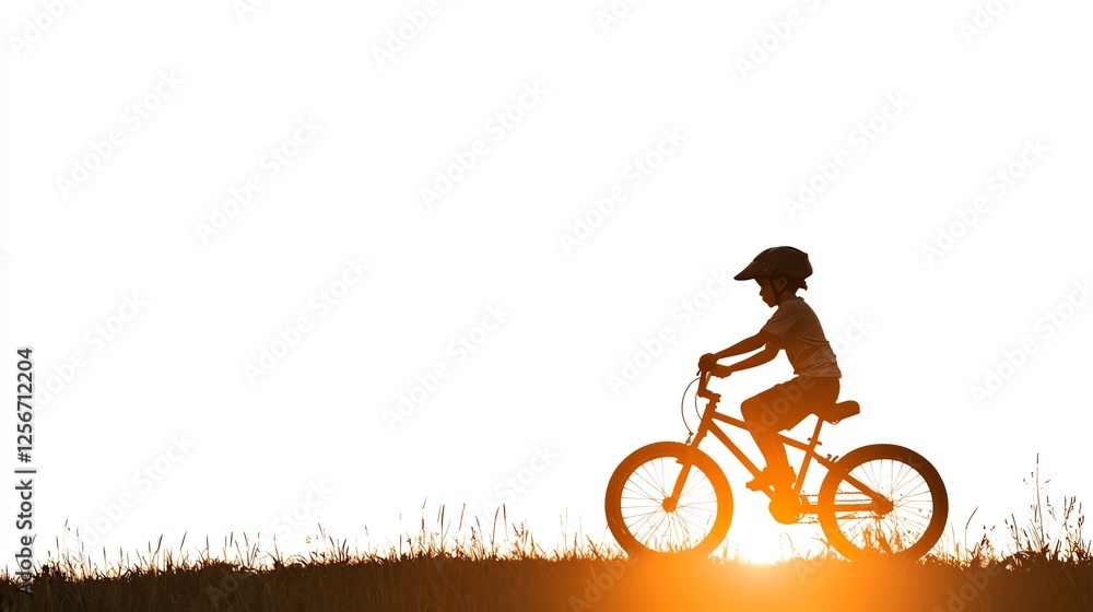 Fototapeta premium A silhouette of a child riding a bicycle at sunset, conveying joy and freedom against a bright background.