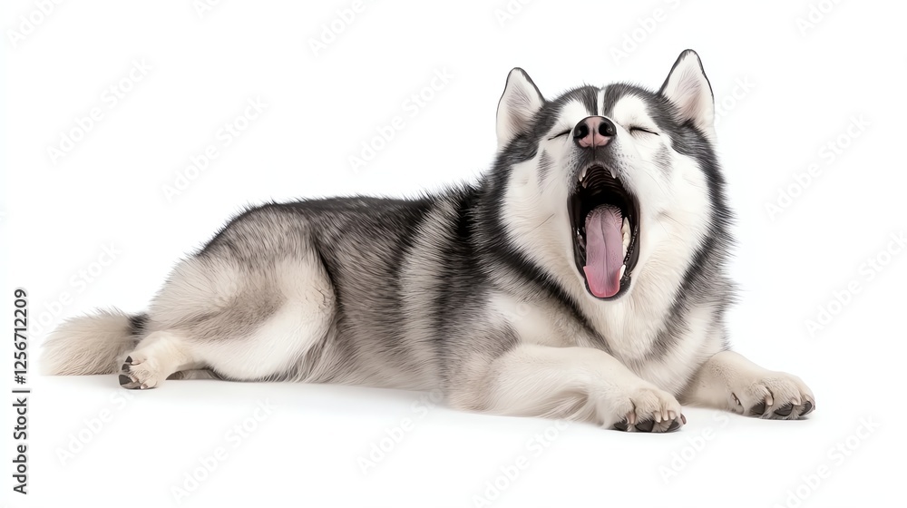 A Siberian Husky yawning while lying down, captured against a white isolated background, showcasing its beautiful gray and white fur. A Siberian Husky yawning while lying down, captured against a white isolated background, showcasing its beautiful gray and white fur.