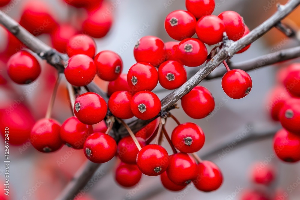 Vibrant Red Berries Adorn a Branch in Autumn Splendor Vibrant Red Berries Adorn a Branch in Autumn Splendor