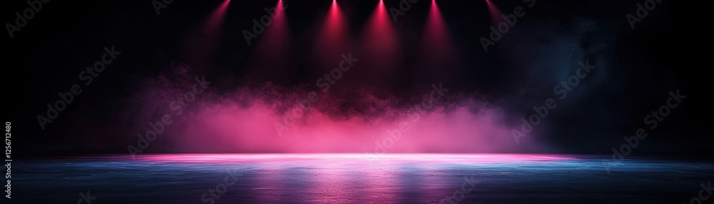 Obraz premium Futuristic concert stage with three spotlights and red light empty of audience ready for performance