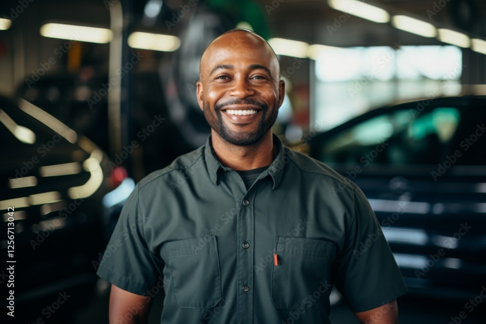Smiling portrait of a middle aged African American car mechanic Smiling portrait of a middle aged African American car mechanic