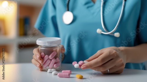 Female healthcare professional in blue scrubs holding a jar of pills and reviewing medication records