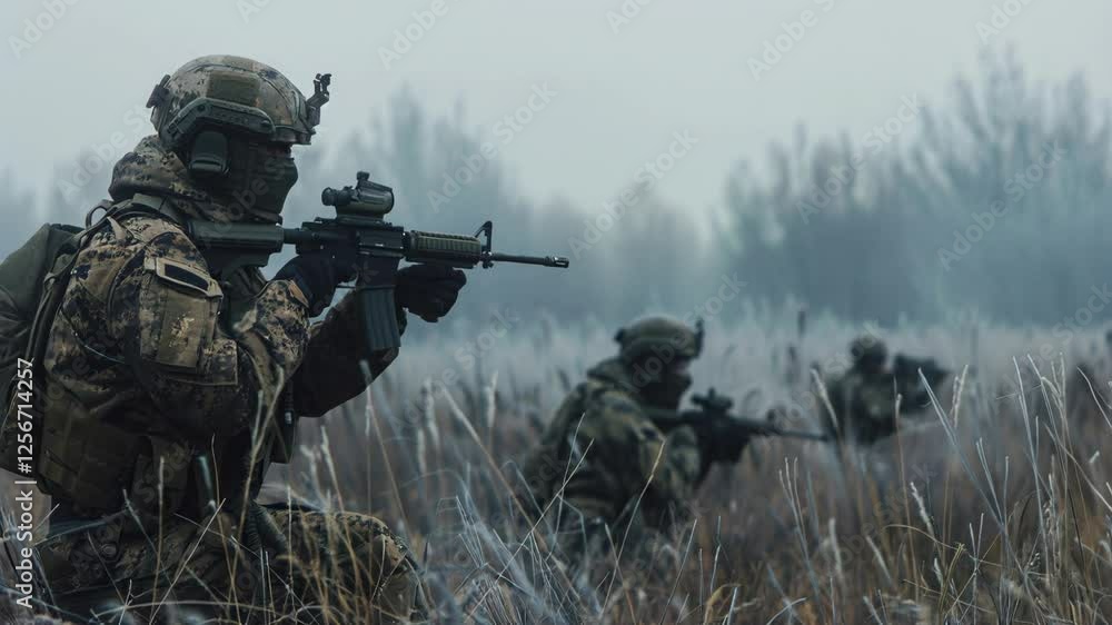 Armed soldiers in camouflage uniforms taking positions in a misty field, aiming rifles with scopes, creating a tense and tactical atmosphere. Armed soldiers in camouflage uniforms taking positions in a misty field, aiming rifles with scopes, creating a tense and tactical atmosphere.