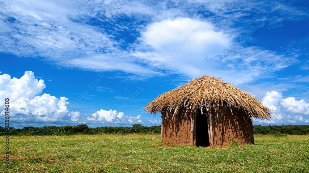 Rustic Straw Hut Under Blue Sky with Fluffy Clouds and Green Field Rustic Straw Hut Under Blue Sky with Fluffy Clouds and Green Field