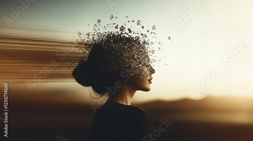 Woman with a dissolving head silhouette against a sunset landscape showcasing the concept of fragmented identity and introspection