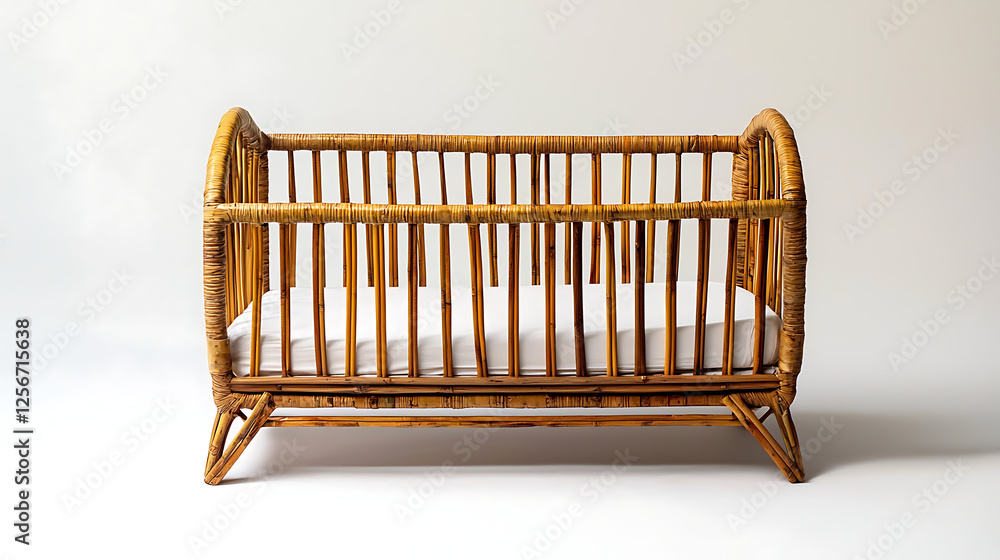 A wooden crib with a white sheet on it A wooden crib with a white sheet on it