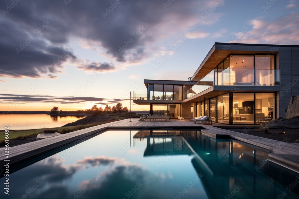 Fototapeta premium Panorama of a Nordic designed house with seamless pool