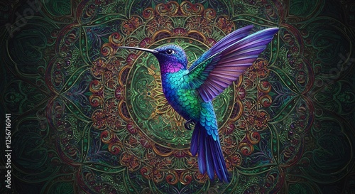 Colorful hummingbird with wings outstretched against a mandala background photo