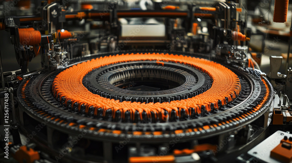 Fototapeta premium Closeup view of a complex industrial circular knitting machine with vibrant orange yarn