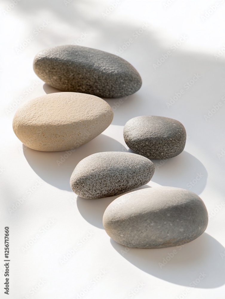 Five smooth, oval stones of varying sizes and colors, arranged on a white background with subtle shadows. Five smooth, oval stones of varying sizes and colors, arranged on a white background with subtle shadows.