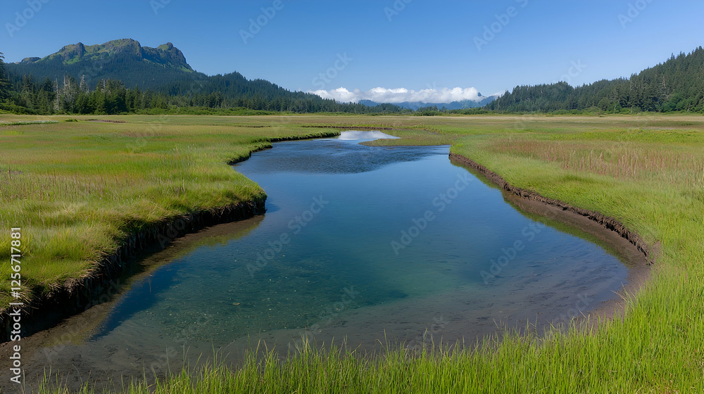 Serene coastal wetland, mountains backdrop, sunny day, nature scene, perfect for travel brochures