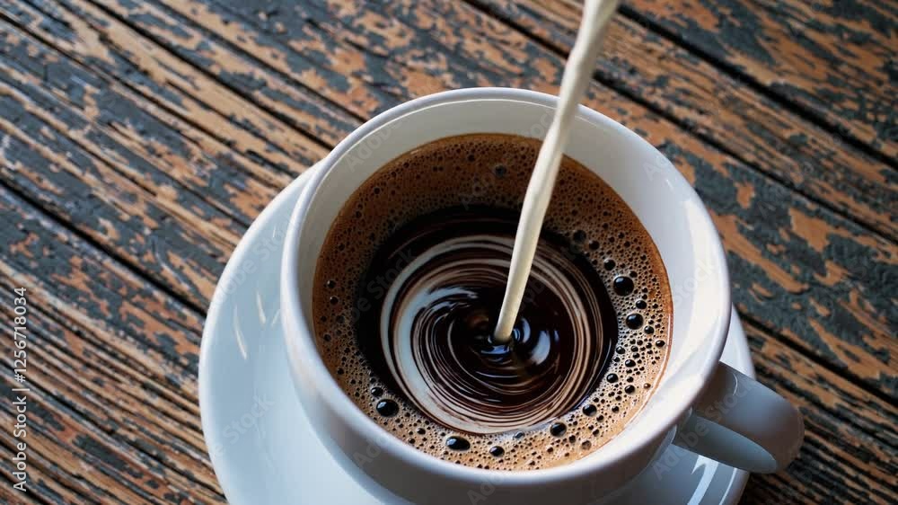 Cream being poured into a cup of dark coffee on a rustic wooden table. Cream being poured into a cup of dark coffee on a rustic wooden table.