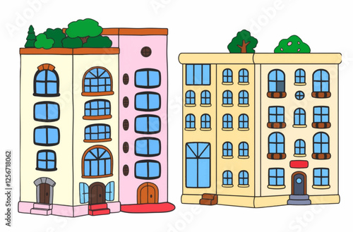 Modern Cartoon Style Apartment with Glass Windows and Rooftop Greenery.