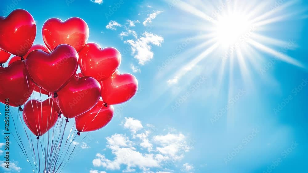 Heart-shaped red balloons floating against a bright blue sky with shining sun. Romantic and joyful atmosphere representing love, happiness, and celebration. Heart-shaped red balloons floating against a bright blue sky with shining sun. Romantic and joyful atmosphere representing love, happiness, and celebration.