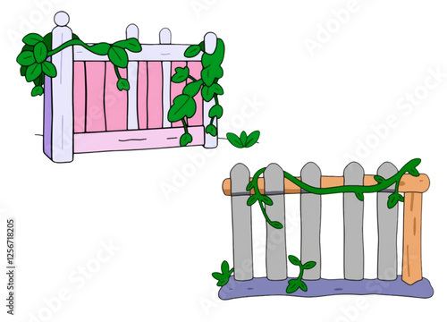 Cartoon Style White Wooden Fence with Green Vine Isolated on White Background.