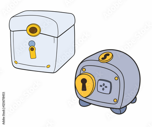 Cartoon Style Gray Lockbox with Golden Keyhole Isolated on White Background.