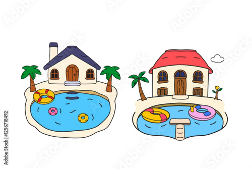 Elegant Cartoon Style Villa with Terracotta Roof and Palm Trees Isolated on White Background.