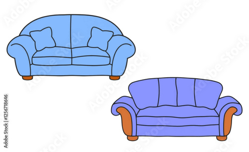 Cartoon Style Blue Sofa with Fluffy Cushions Isolated on White Background.