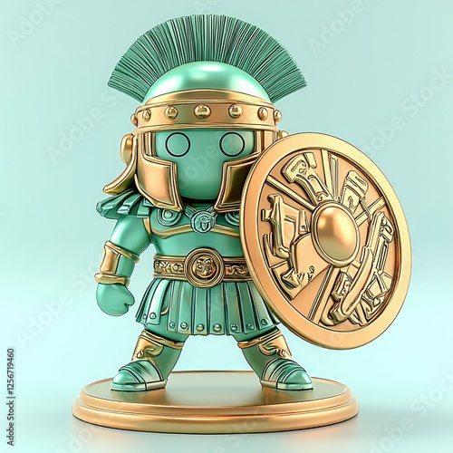 Cute Green Roman Warrior Statue with Shield - 3D Render