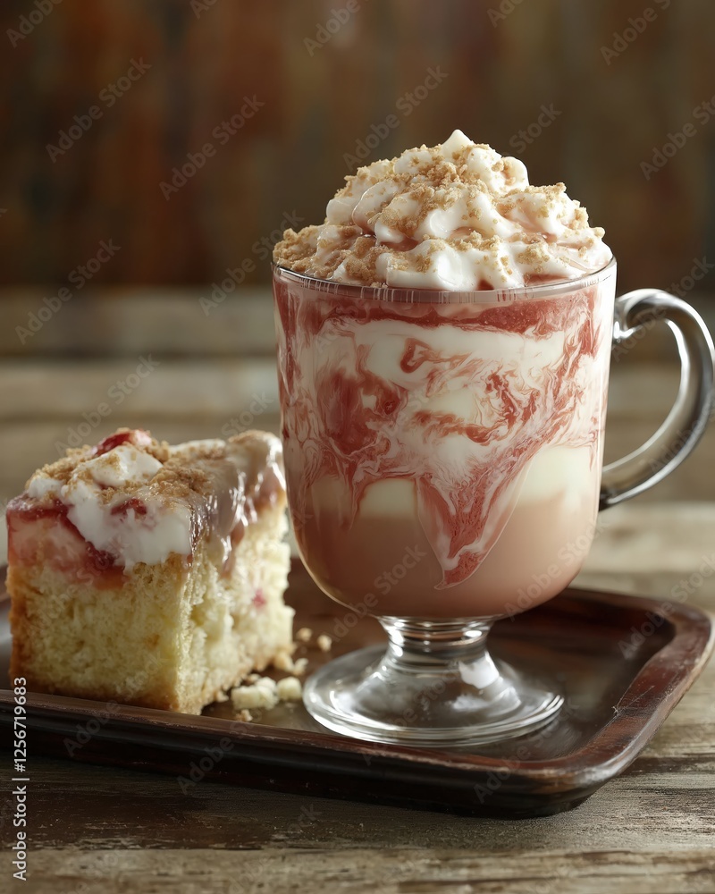 Generative AI, Strawberry shortcake cream latte with layered textures and a cozy café ambiance Generative AI, Strawberry shortcake cream latte with layered textures and a cozy café ambiance