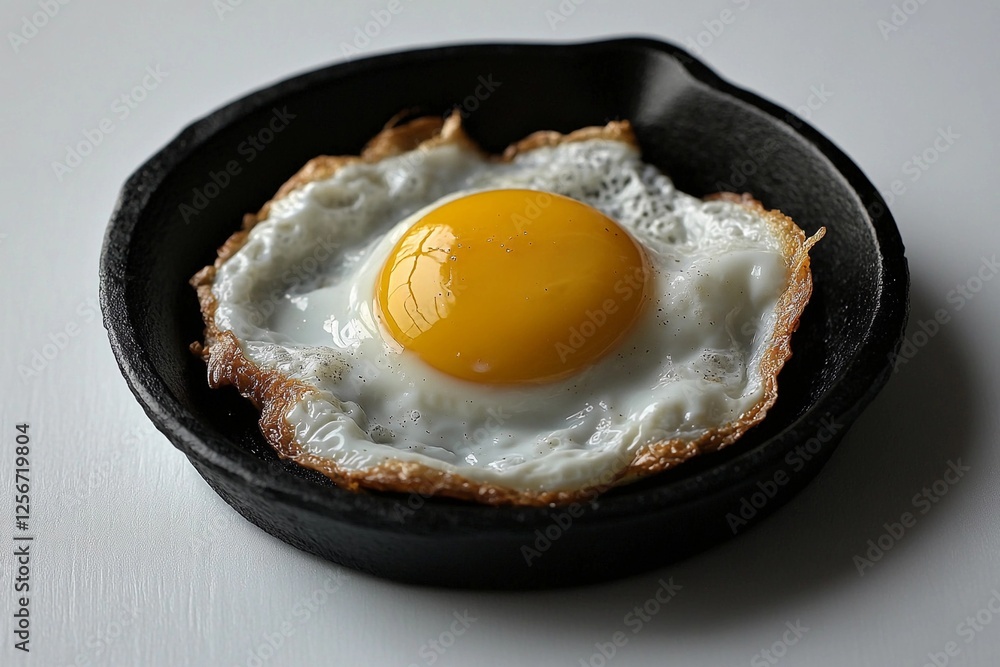 Perfectly fried egg in a cast iron skillet on a clean white surface showcasing breakfast preparation Perfectly fried egg in a cast iron skillet on a clean white surface showcasing breakfast preparation