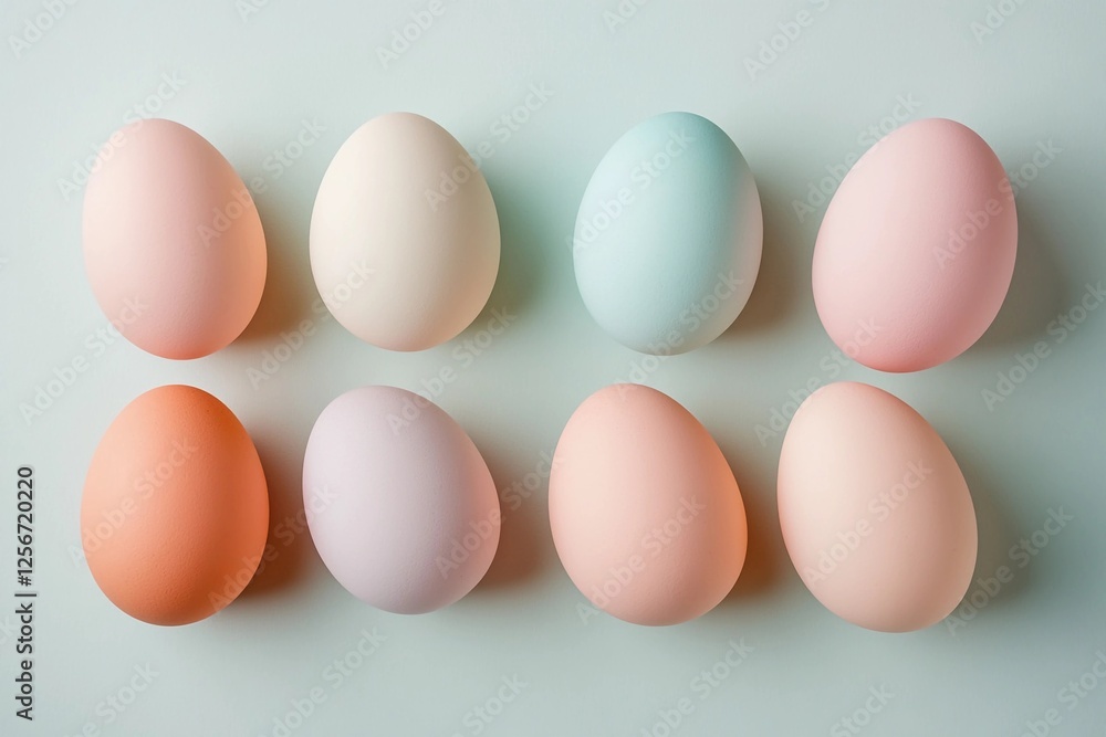 Decorative pastel eggs arranged in an artistic layout set against a soft background Decorative pastel eggs arranged in an artistic layout set against a soft background