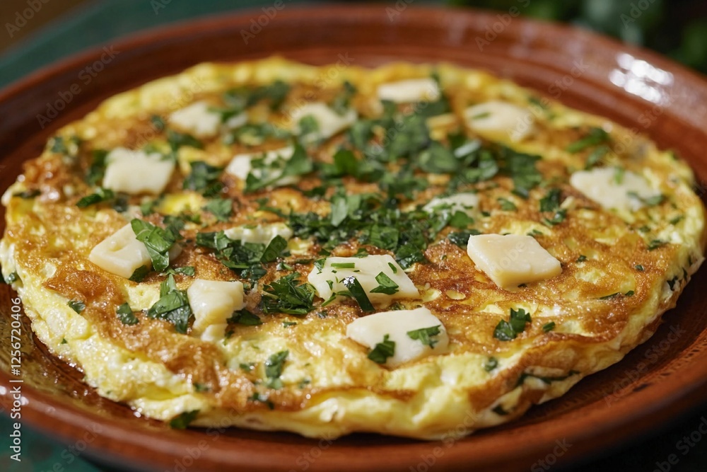 Savory omelette topped with fresh herbs and cheese served on a traditional plate Savory omelette topped with fresh herbs and cheese served on a traditional plate