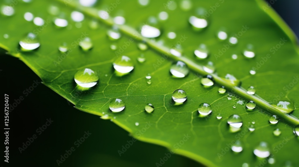 Macro shot of water droplets on a vivid green leaf surface glistening Macro shot of water droplets on a vivid green leaf surface glistening
