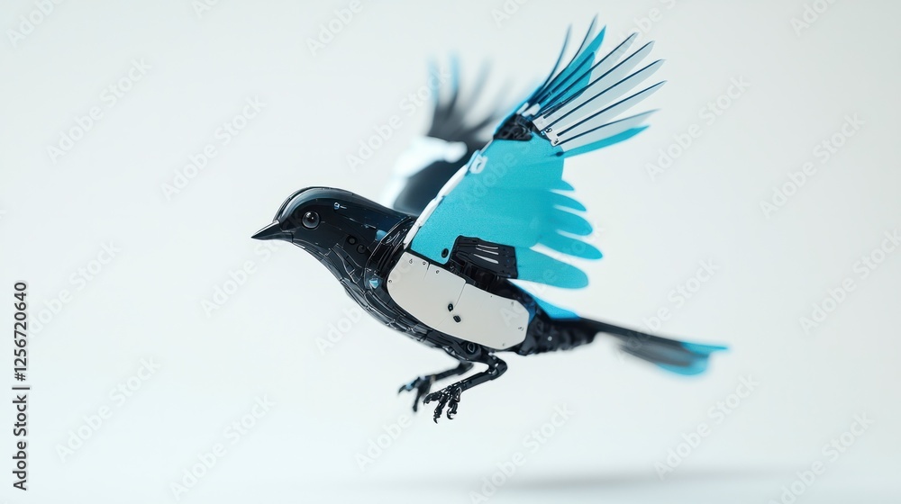 Obraz premium Mechanical Bird with Blue Wings in Flight Against a Minimalist Background