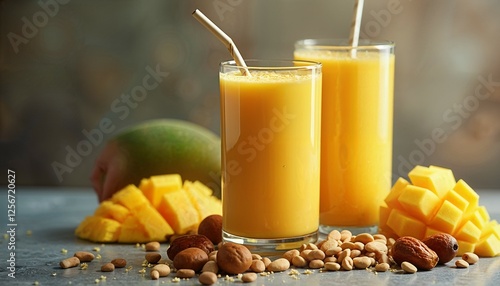 Delicious mango shake blended with a variety of dry fruits, creating a rich and flavorful mango shake experience. AI Generated