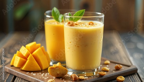 Delicious mango shake blended with a variety of dry fruits, creating a rich and flavorful mango shake experience. AI Generated