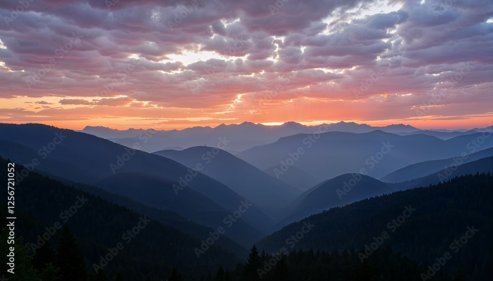 Fototapeta premium Landscape background with sunrise over misty mountains. Dramatic sky, rolling hills and serene nature scene at twilight. AI Generated