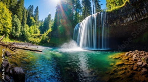 Cascading waterfall oasis surrounded by lush forest scenery