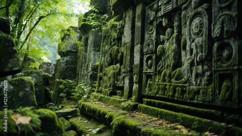 Ancient stone temple carvings covered in lush moss amidst verdant foliage photo