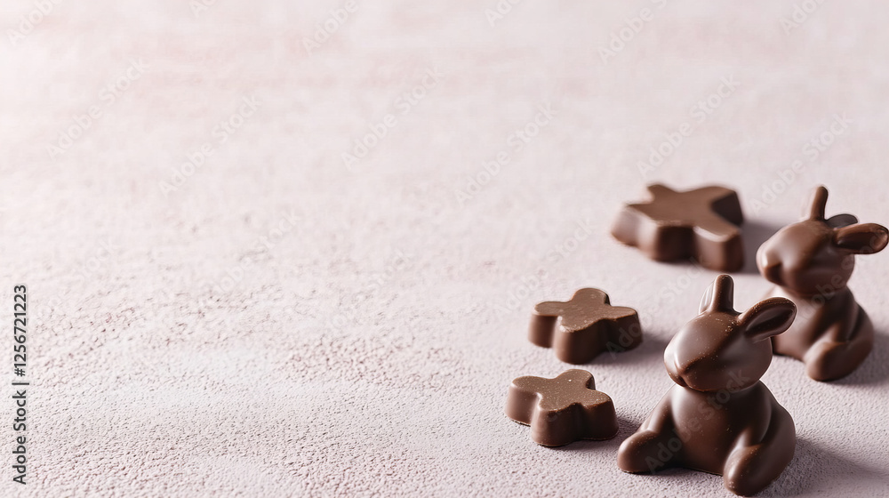 Chocolate bunnies and decorative treats arranged on a neutral background for festive celebrations Chocolate bunnies and decorative treats arranged on a neutral background for festive celebrations