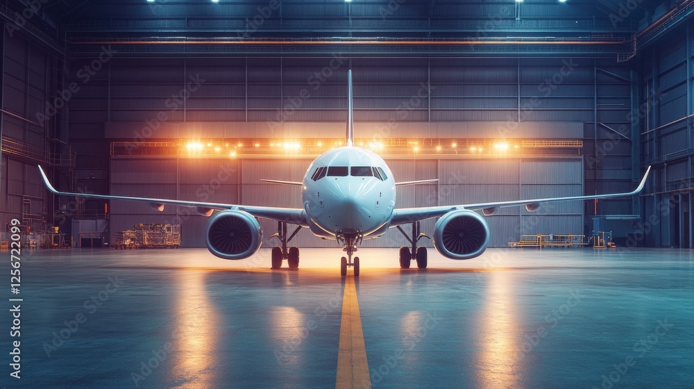 Fototapeta premium Modern airplane parked in large hangar with bright lights illuminating the spacious interior during evening hours. Generative AI