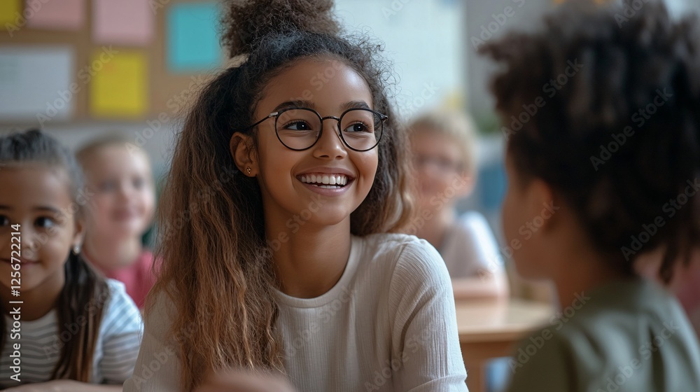 Obraz premium Happy student girl smiling during class at school