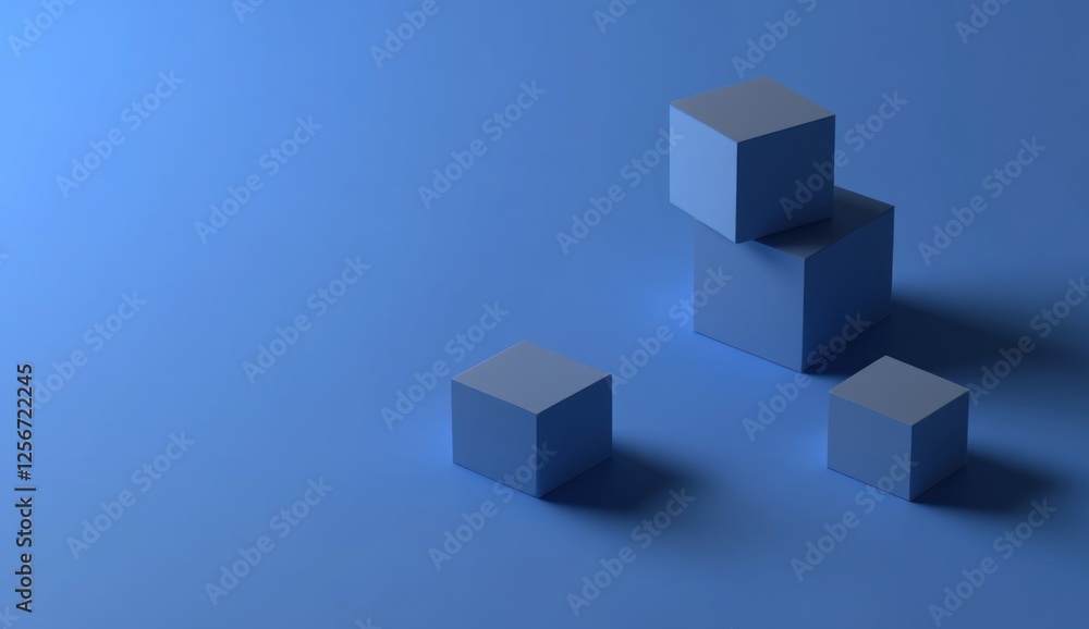 Three light blue cubes stacked, one smaller cube to the left, and one to the right on a blue background. Three light blue cubes stacked, one smaller cube to the left, and one to the right on a blue background.