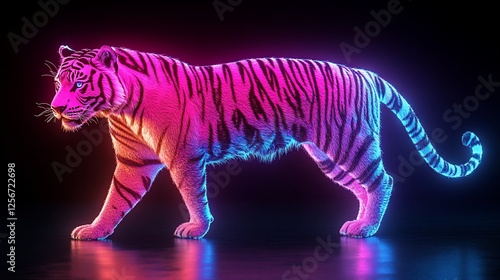 A vibrant, neon-lit tiger strides across a dark reflective surface. photo