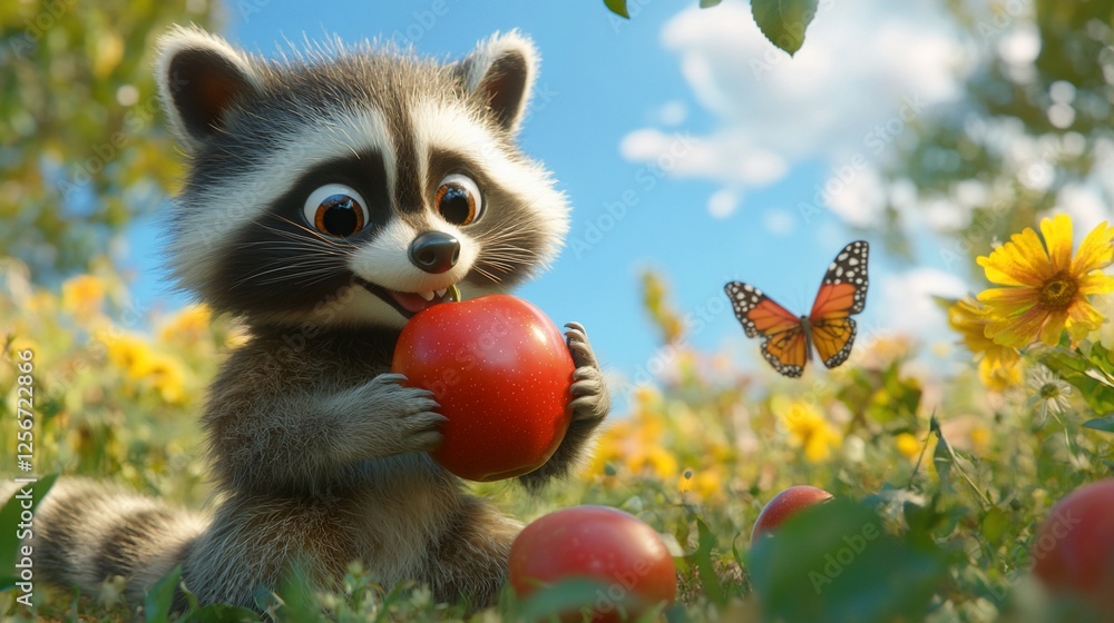 Adorable cartoon raccoon happily eating a red apple in a vibrant flower field with a butterfly. Adorable cartoon raccoon happily eating a red apple in a vibrant flower field with a butterfly.