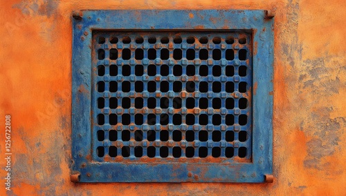 Wallpaper Mural Rusty Blue Metal Grate on Orange Wall: A Study in Texture and Color Torontodigital.ca