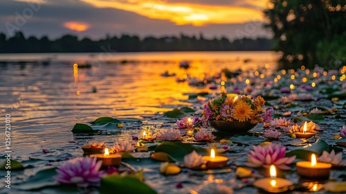 Fototapeta Naklejka Na Ścianę i Meble -  Lotus water lily flowers and candles floating on water at sunset