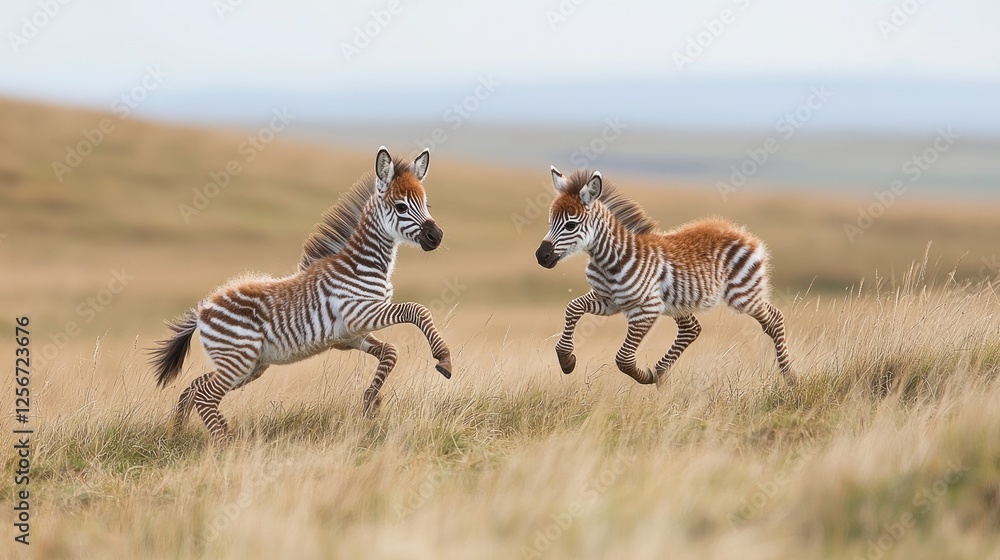 Fototapeta premium Two playful zebras frolic in a grassy field under a clear sky, showcasing their lively nature