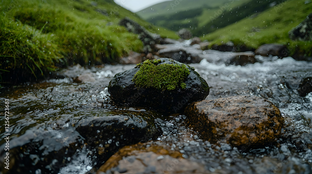Mossy rock in mountain stream, rain, green hills. Nature scene for travel brochures Mossy rock in mountain stream, rain, green hills. Nature scene for travel brochures