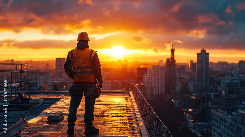 Fototapeta premium Construction Worker at Sunset on Urban Rooftop