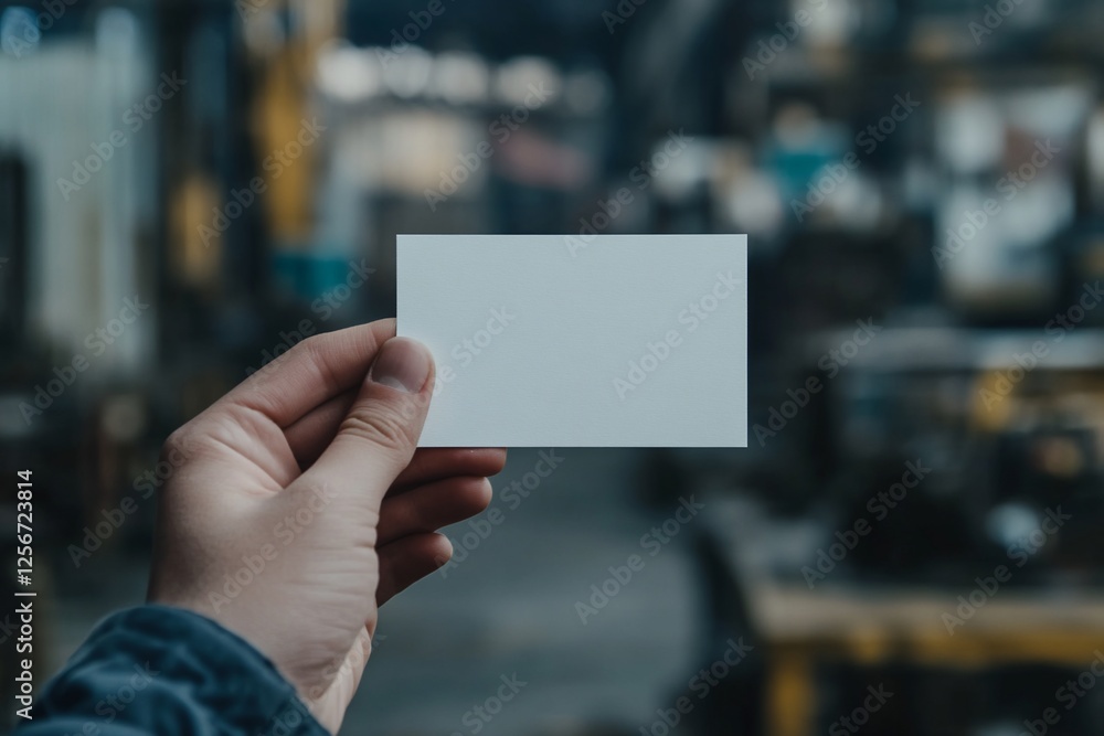 A hand holding a blank white business card against a blurry industrial background. A hand holding a blank white business card against a blurry industrial background.